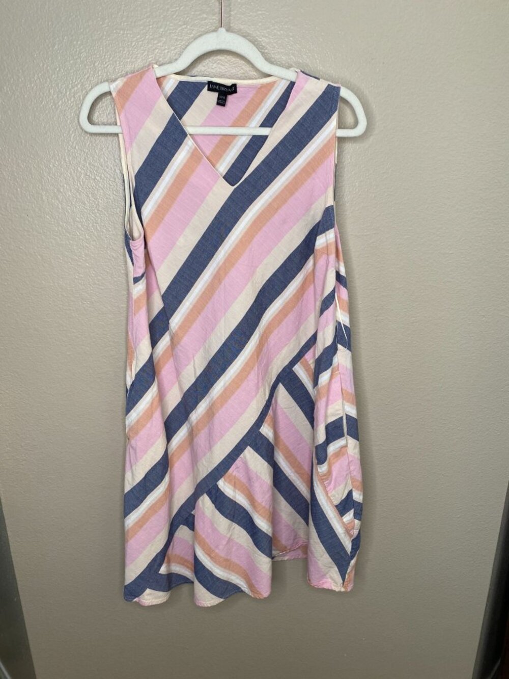 Lane Bryant Womens Sleeveless Striped Dress 10/12 Pink Blue V-Neck Casual Style